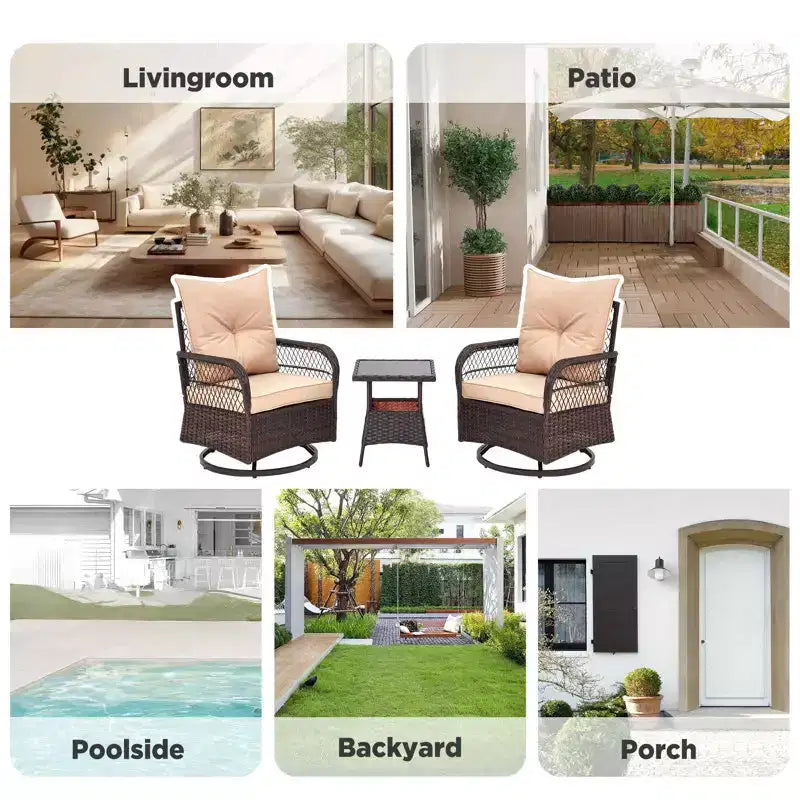 EROMMY Ensemble de 3 Fauteuils Relaxants Pivotants en Rotin pour Patio, Chaises à Bascule Pivotantes d'Extérieur avec 1 Table Basse en Rotin, Fauteuils de Patio Pivotants à 360 Degrés pour Pelouse
