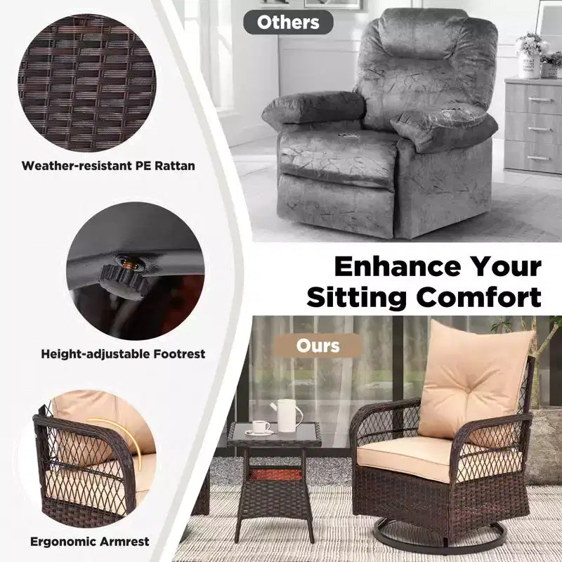 EROMMY Ensemble de 3 Fauteuils Relaxants Pivotants en Rotin pour Patio, Chaises à Bascule Pivotantes d'Extérieur avec 1 Table Basse en Rotin, Fauteuils de Patio Pivotants à 360 Degrés pour Pelouse