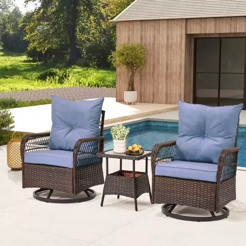 EROMMY Ensemble de 3 Fauteuils Relaxants Pivotants en Rotin pour Patio, Chaises à Bascule Pivotantes d'Extérieur avec 1 Table Basse en Rotin, Fauteuils de Patio Pivotants à 360 Degrés pour Pelouse