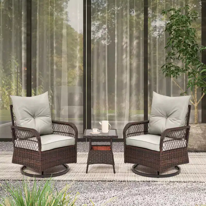 EROMMY Ensemble de 3 Fauteuils Relaxants Pivotants en Rotin pour Patio, Chaises à Bascule Pivotantes d'Extérieur avec 1 Table Basse en Rotin, Fauteuils de Patio Pivotants à 360 Degrés pour Pelouse