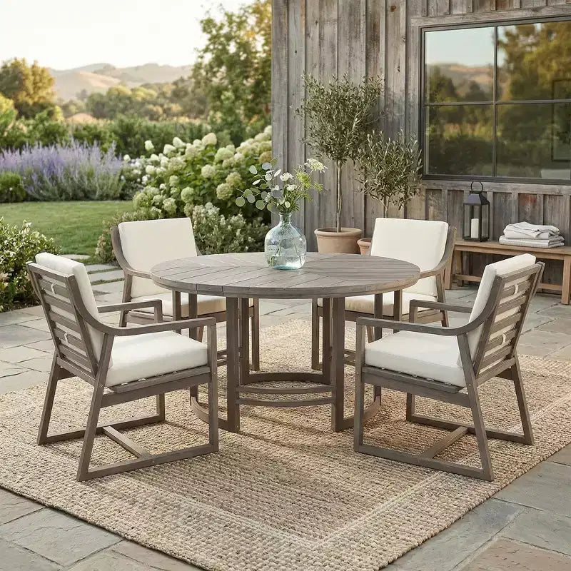 Whisen Set da Pranzo da Esterno 5 Pezzi per 4 Persone, Set Tavolo e Sedie Rotondo da Patio con Foro per Ombrellone e Cuscini Rimovibili