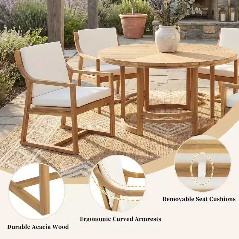 Whisen Set da Pranzo da Esterno 5 Pezzi per 4 Persone, Set Tavolo e Sedie Rotondo da Patio con Foro per Ombrellone e Cuscini Rimovibili