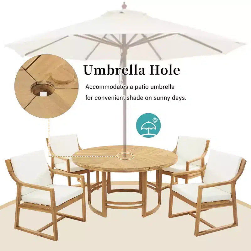 Whisen Set da Pranzo da Esterno 5 Pezzi per 4 Persone, Set Tavolo e Sedie Rotondo da Patio con Foro per Ombrellone e Cuscini Rimovibili