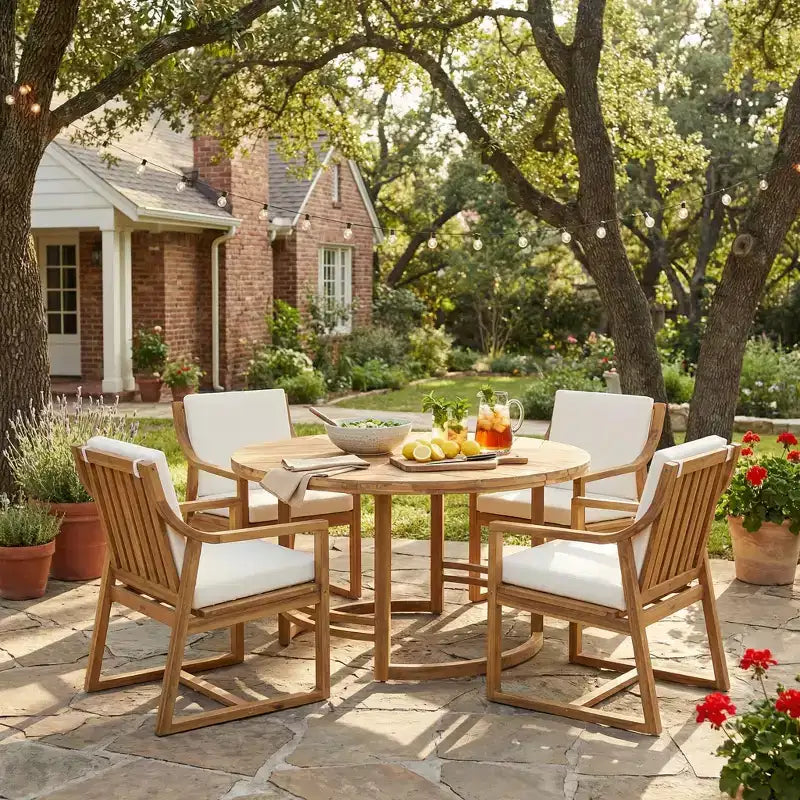 Ensemble de salle à manger d'extérieur 5 pièces Whisen pour 4, table et chaises de salle à manger rondes de patio avec trou pour parasol et coussins amovibles