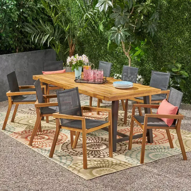 Christopher Knight Home Claude Ensemble repas d'extérieur 9 pièces en maille et bois d'acacia avec table à manger de 79 po