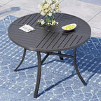 Set da pranzo da patio Captiva Designs con tavolo in acciaio a doghe e sedie in metallo con cuscini