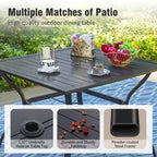 Set da pranzo da patio Captiva Designs con tavolo in acciaio a doghe e sedie in metallo con cuscini