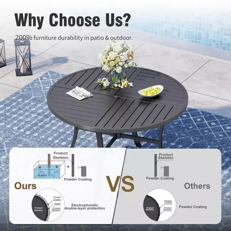 Set da pranzo da patio Captiva Designs con tavolo in acciaio a doghe e sedie in metallo con cuscini