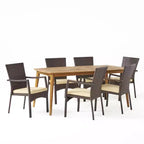 Christopher Knight Home Talbot Ensemble repas 7 pièces d'extérieur en bois d'acacia et osier avec coussins