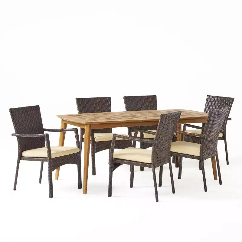 Christopher Knight Home Talbot Ensemble repas 7 pièces d'extérieur en bois d'acacia et osier avec coussins