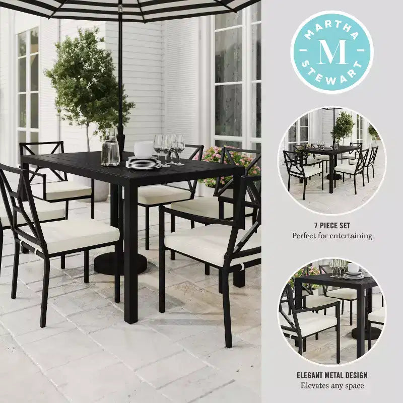 Set da pranzo da esterno Martha Stewart in acciaio da 7 pezzi con 6 sedie impilabili e tavolo da 62 pollici in nero