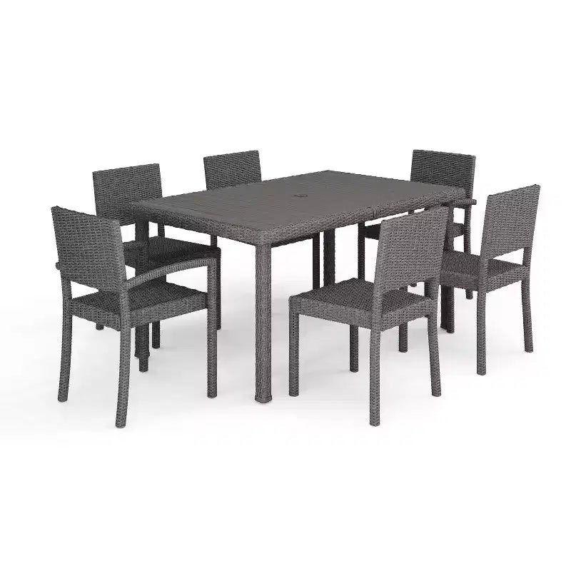 Ensemble repas Martha Stewart Bedford 7 pièces intérieur/extérieur avec 6 chaises de salle à manger empilables et table de patio de 62 pouces avec plateau en bois composite et osier en rotin