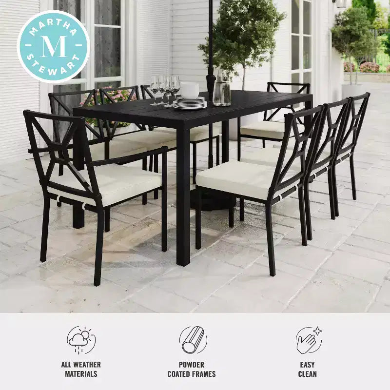 Set da pranzo da esterno Martha Stewart da 9 pezzi in acciaio con 8 sedie impilabili e tavolo da 71 pollici, nero