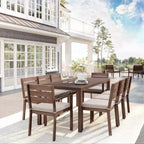 Set da patio Martha Stewart Bedford per interni-esterni con tavolo da 71 pollici e 8 sedie da pranzo con finitura in alluminio spazzolato effetto legno e cuscini per seduta resistenti alle intemperie