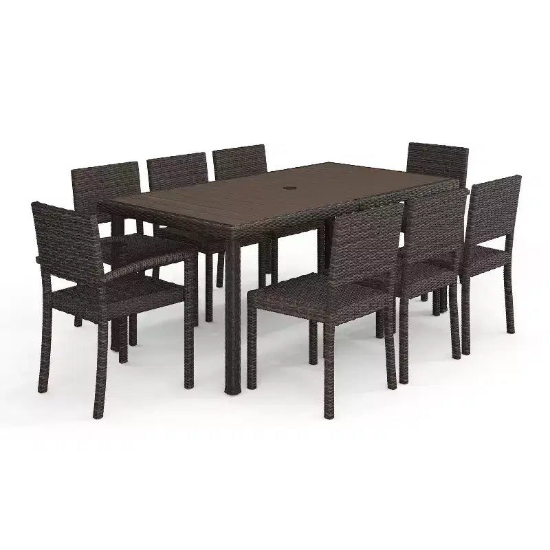 Set da pranzo per interni ed esterni Martha Stewart Bedford da 9 pezzi con 8 sedie da pranzo impilabili e tavolo da patio da 71 pollici con piano in legno composito in rattan intrecciato