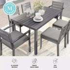 Set da patio Martha Stewart Bedford per interni ed esterni con tavolo da 62 pollici e 6 sedie da pranzo con finitura in alluminio spazzolato effetto legno e cuscino di seduta per tutte le stagioni