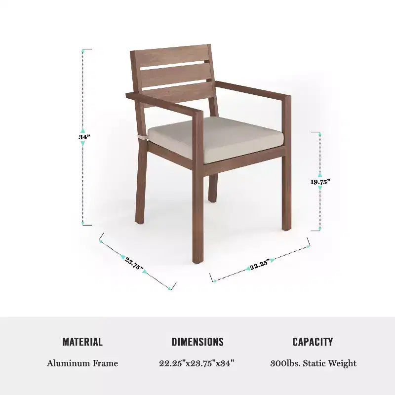 Set da patio Martha Stewart Bedford per interni ed esterni con tavolo da 62 pollici e 6 sedie da pranzo con finitura in alluminio spazzolato effetto legno e cuscino di seduta per tutte le stagioni