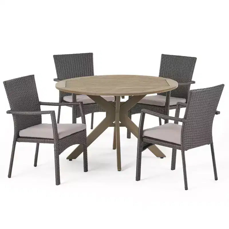 Set da pranzo da 5 pezzi GDFStudio Tara per esterni in vimini e legno di acacia con cuscini