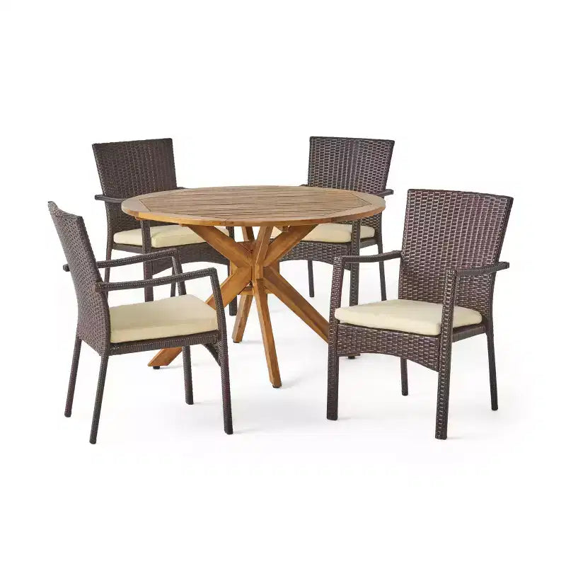 Set da pranzo da 5 pezzi GDFStudio Tara per esterni in vimini e legno di acacia con cuscini