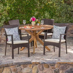 GDFStudio Tara Outdoor Wicker and Acacia Wood 5 Piece Dining Set with Cushions