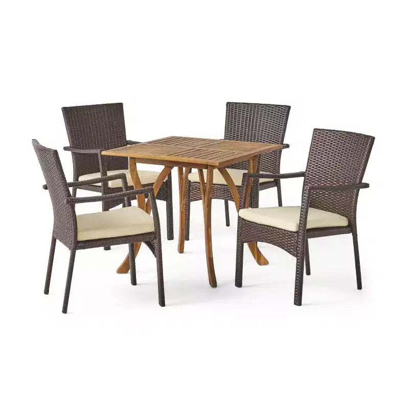 Christopher Knight Home Ferris Set da Pranzo da Esterno a 5 Pezzi in Legno di Acacia e Vimini con Cuscini