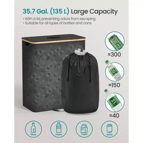 Pattumiera per la Raccolta Differenziata da 135 Litri con Sacco Interno, Contenitore Grande per Bottiglie e Lattine in Metallo, Plastica, Vetro, Carta, Nero Inchiostro e Beige Naturale
