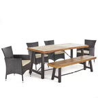 GDFStudio Latona Set da Pranzo da Esterno a 6 Pezzi in Legno di Acacia e Vimini con Panca, Teak/Crema