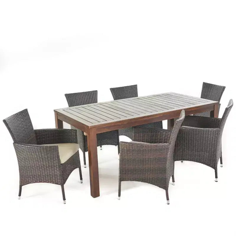 Set da pranzo GDFStudio Taft per esterni di 7 pezzi in legno di acacia e vimini con cuscini, marrone scuro/beige