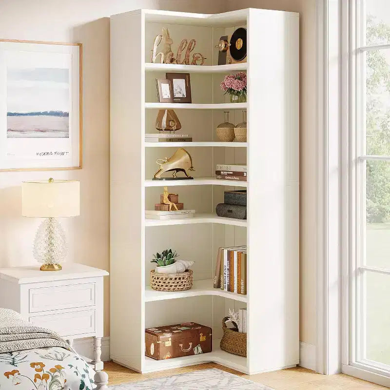 Libreria ad angolo a forma di L, libreria angolare a 9 ripiani, grande scaffale angolare in legno con ripiano aperto