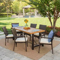 GDFStudio Malic Outdoor Acacia Wood and Wicker 7 Piece Dining Set with Cushion, Cream/Teak