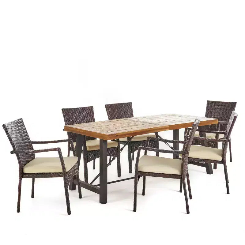 GDFStudio Malic Set da Pranzo da Esterno a 7 Pezzi in Legno di Acacia e Vimini con Cuscini, Crema/Teak