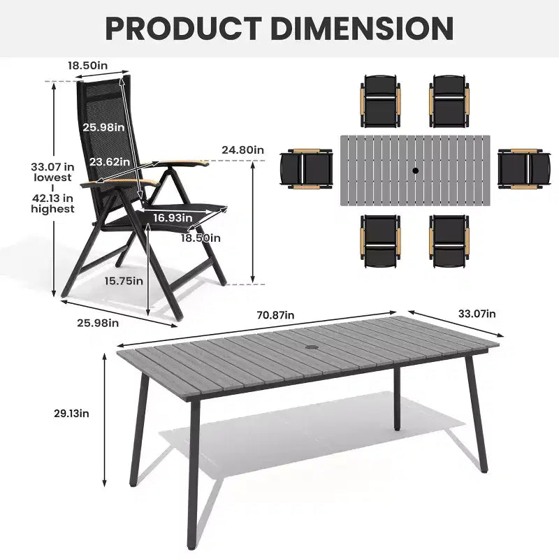 Crestlive Products - Ensemble de salle à manger d'extérieur - Table de salle à manger avec chaises pliantes - Plateau aspect bois et cadre en aluminium - Trou pour parasol