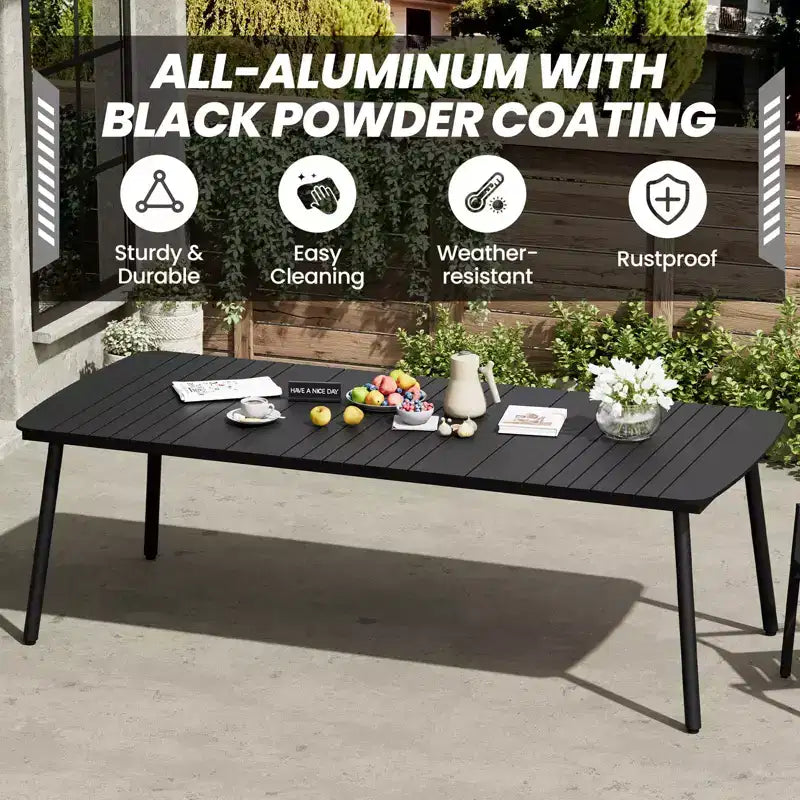 Crestlive Products Set da pranzo da esterno 7 pezzi Tavolo rettangolare da patio con sedie pieghevoli Struttura in alluminio con piano del tavolo effetto legno e foro per ombrellone