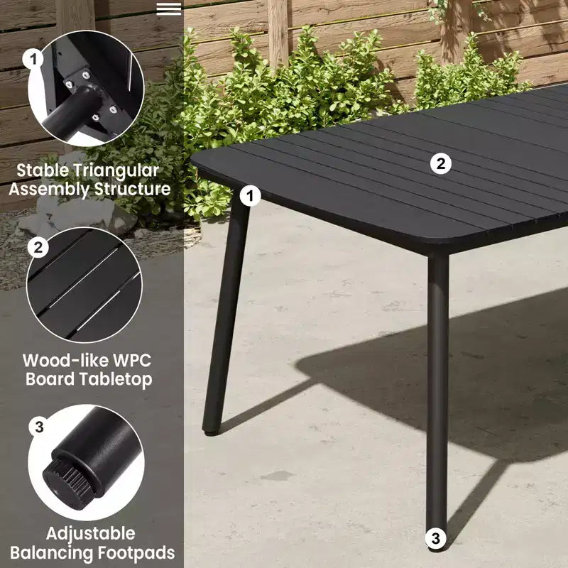 Crestlive Products Set da pranzo da esterno 7 pezzi Tavolo rettangolare da patio con sedie pieghevoli Struttura in alluminio con piano del tavolo effetto legno e foro per ombrellone