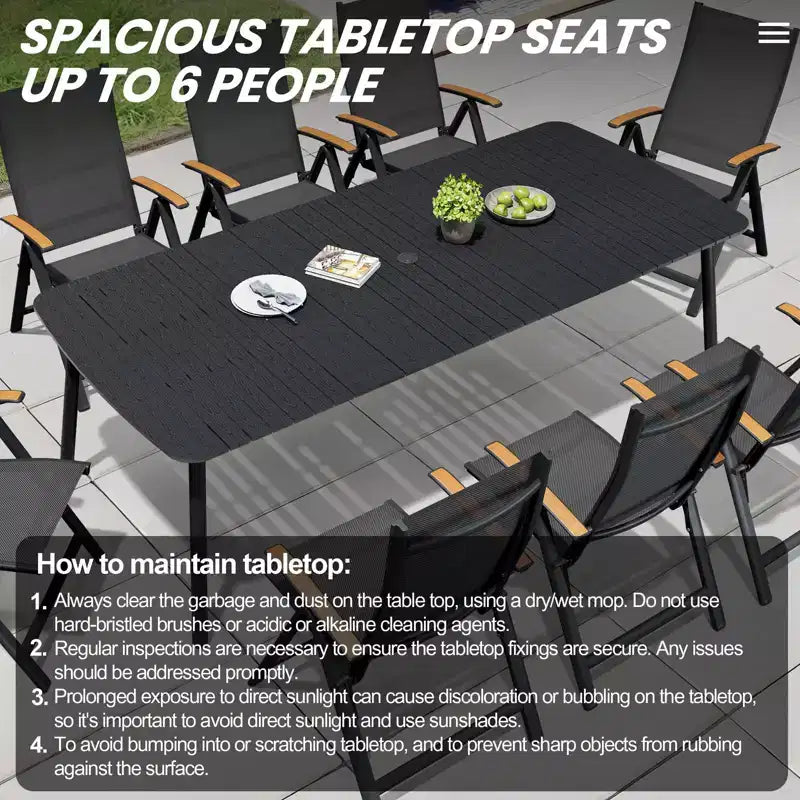 Crestlive Products Set da pranzo da esterno 7 pezzi Tavolo rettangolare da patio con sedie pieghevoli Struttura in alluminio con piano del tavolo effetto legno e foro per ombrellone