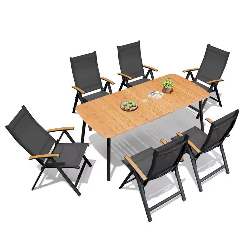 Crestlive Products Set da pranzo da esterno 7 pezzi Tavolo rettangolare da patio con sedie pieghevoli Struttura in alluminio con piano del tavolo effetto legno e foro per ombrellone