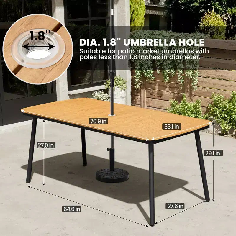 Crestlive Products Set da pranzo da esterno 7 pezzi Tavolo rettangolare da patio con sedie pieghevoli Struttura in alluminio con piano del tavolo effetto legno e foro per ombrellone