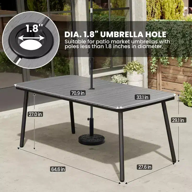 Crestlive Products Set da pranzo da esterno 7 pezzi Tavolo rettangolare da patio con sedie pieghevoli Struttura in alluminio con piano del tavolo effetto legno e foro per ombrellone