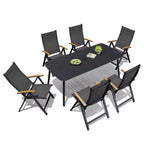 Crestlive Products Set da pranzo da esterno 7 pezzi Tavolo rettangolare da patio con sedie pieghevoli Struttura in alluminio con piano del tavolo effetto legno e foro per ombrellone