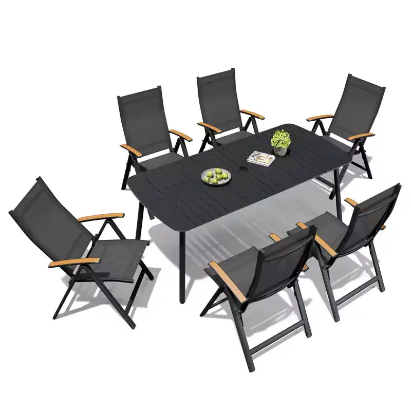 Crestlive Products Set da pranzo da esterno 7 pezzi Tavolo rettangolare da patio con sedie pieghevoli Struttura in alluminio con piano del tavolo effetto legno e foro per ombrellone