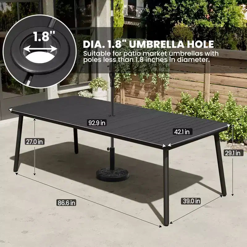 Crestlive Products Set da pranzo da esterno 7 pezzi Tavolo rettangolare da patio con sedie pieghevoli Struttura in alluminio con piano del tavolo effetto legno e foro per ombrellone
