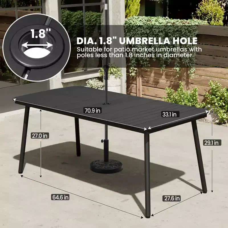 Crestlive Products Set da pranzo da esterno 7 pezzi Tavolo rettangolare da patio con sedie pieghevoli Struttura in alluminio con piano del tavolo effetto legno e foro per ombrellone