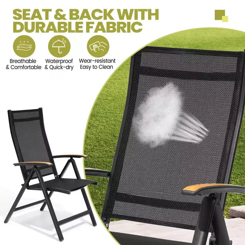 Crestlive Products Set da pranzo da esterno 7 pezzi Tavolo rettangolare da patio con sedie pieghevoli Struttura in alluminio con piano del tavolo effetto legno e foro per ombrellone
