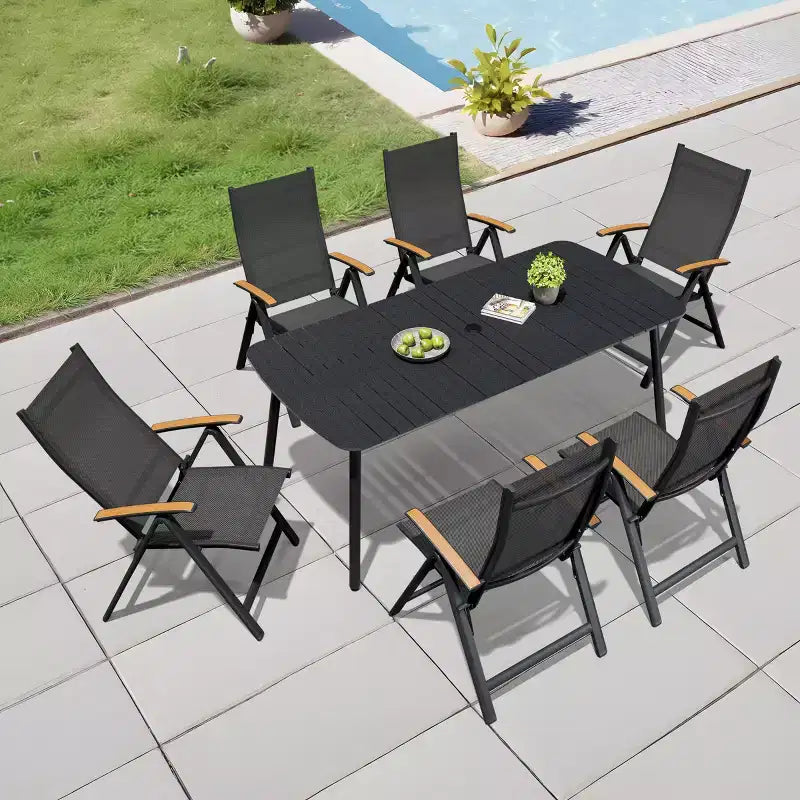 Crestlive Products 7pc Outdoor Dining set Patio Rectangle Table with Folding Chairs Aluminum Frame with Wood-Like Tabletop and Umbrella Hole