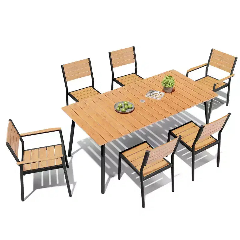 Crestlive Products Set da pranzo da esterno in alluminio 7 pezzi, tavolo da 183 cm e 6 sedie con piano in legno sintetico e foro per ombrellone, per bordo piscina o giardino