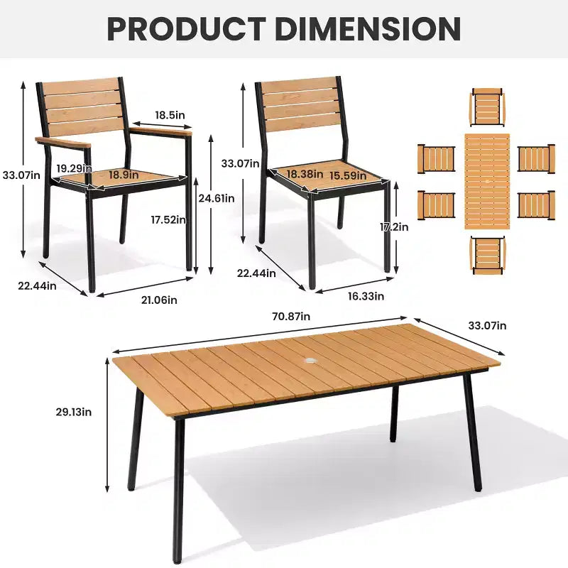 Crestlive Products Set da pranzo da esterno in alluminio 7 pezzi, tavolo da 183 cm e 6 sedie con piano in legno sintetico e foro per ombrellone, per bordo piscina o giardino