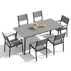 Crestlive Products Set da pranzo da esterno in alluminio 7 pezzi, tavolo da 183 cm e 6 sedie con piano in legno sintetico e foro per ombrellone, per bordo piscina o giardino