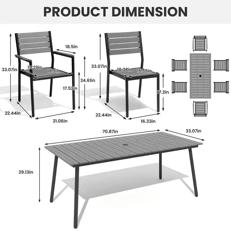 Crestlive Products Set da pranzo da esterno in alluminio 7 pezzi, tavolo da 183 cm e 6 sedie con piano in legno sintetico e foro per ombrellone, per bordo piscina o giardino