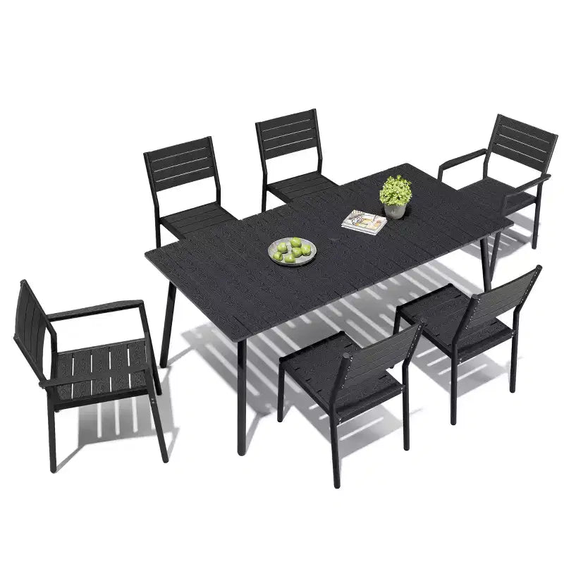 Crestlive Products Set da pranzo da esterno in alluminio 7 pezzi, tavolo da 183 cm e 6 sedie con piano in legno sintetico e foro per ombrellone, per bordo piscina o giardino