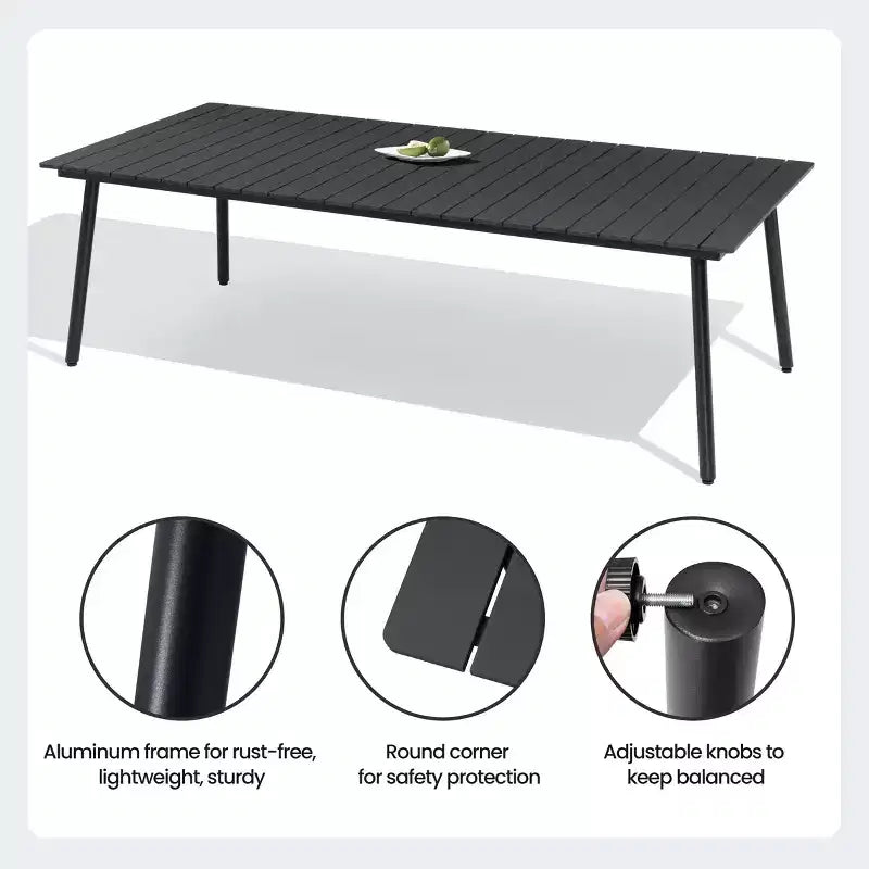 Crestlive Products Set da pranzo da esterno in alluminio 7 pezzi, tavolo da 183 cm e 6 sedie con piano in legno sintetico e foro per ombrellone, per bordo piscina o giardino